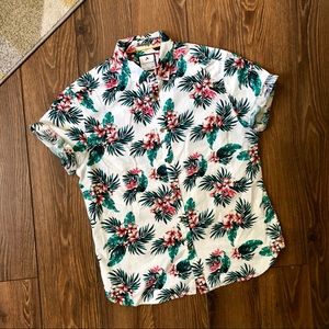 Short Sleeve Denim & Flower Tropical Print Shirt